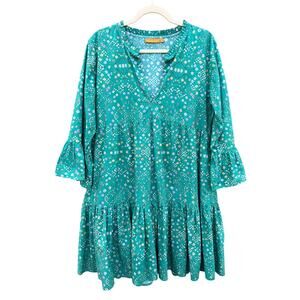 OLIPHANT Tiered Teal Bell Sleeve A Line Dress Large L